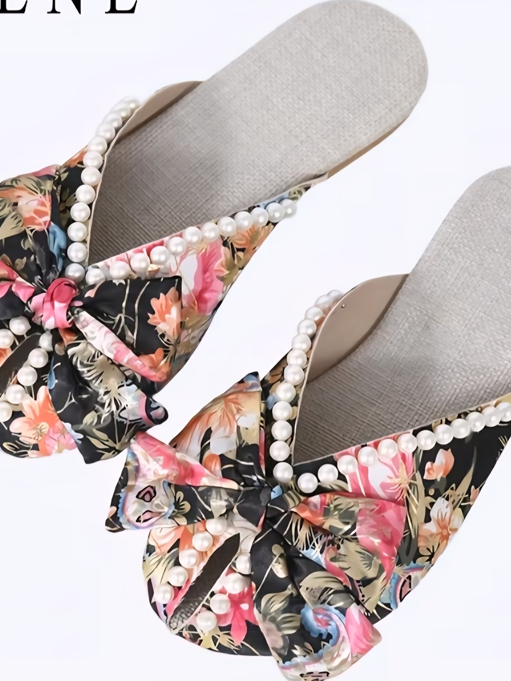 Floral Pearl Bow Slip-On Sandals - Black/Pink..Sz 8
